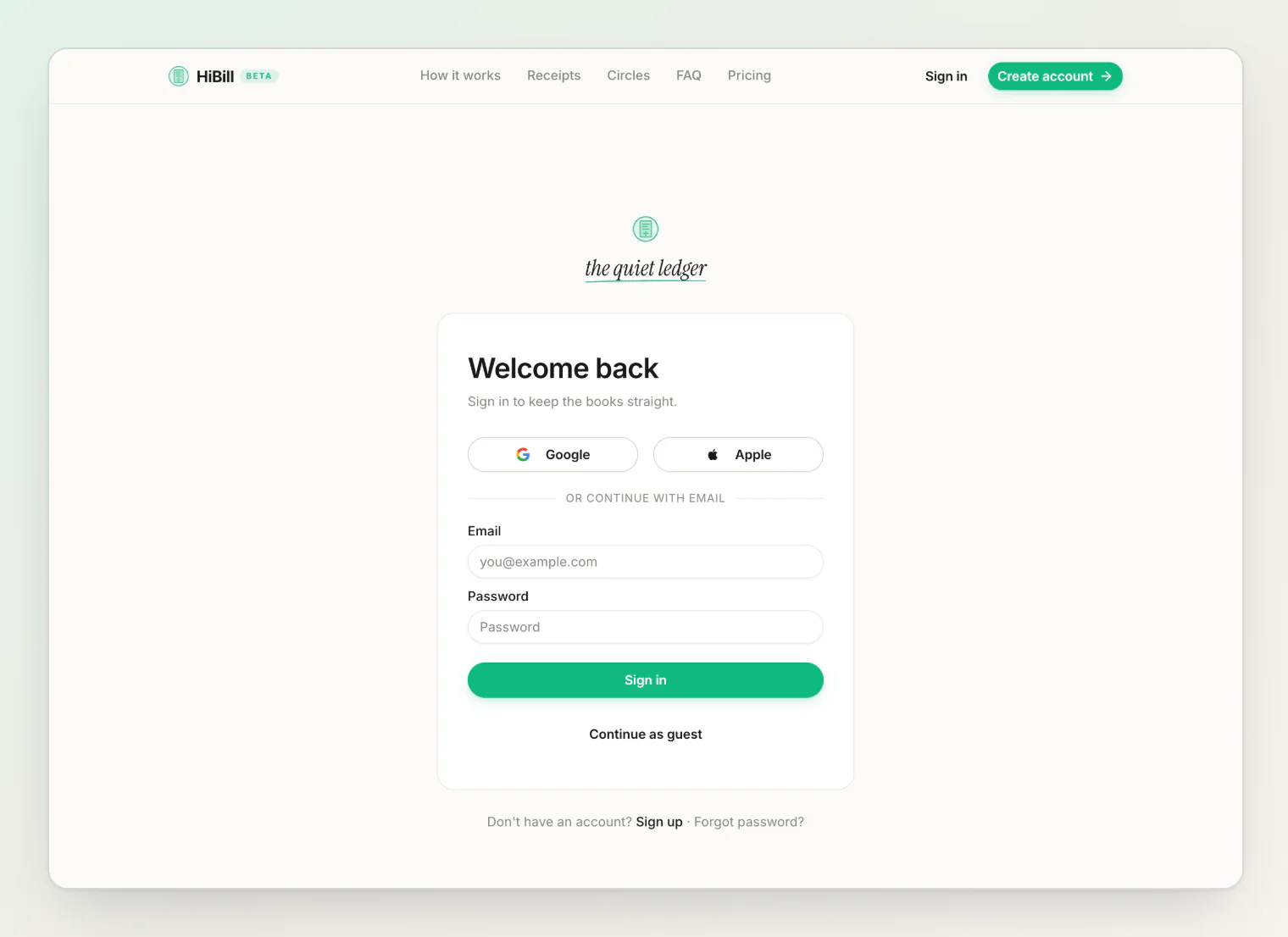 The HiBill sign-in page: Google, Apple, email, or continue as a guest