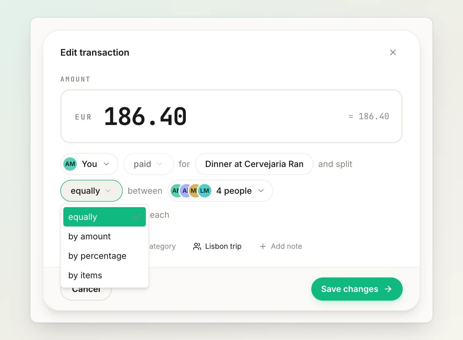 The split menu in the transaction form: equally, by amount, by percentage, by items