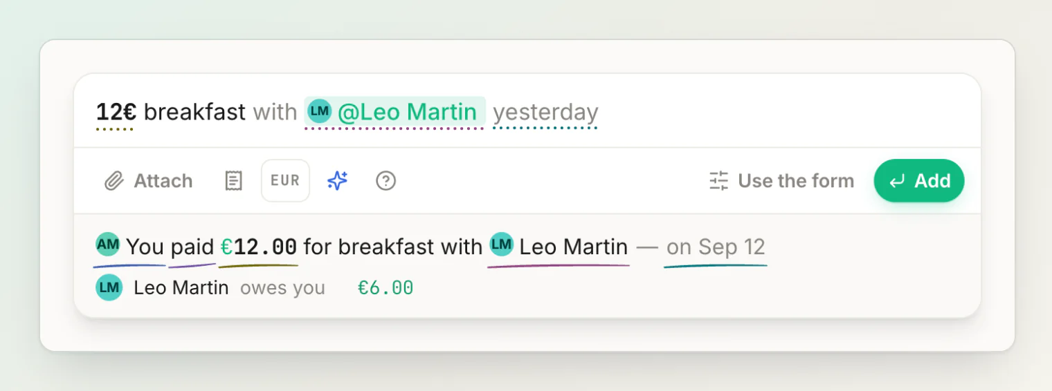 Add a transaction (⌘K) opens the sentence field as a palette on any page
