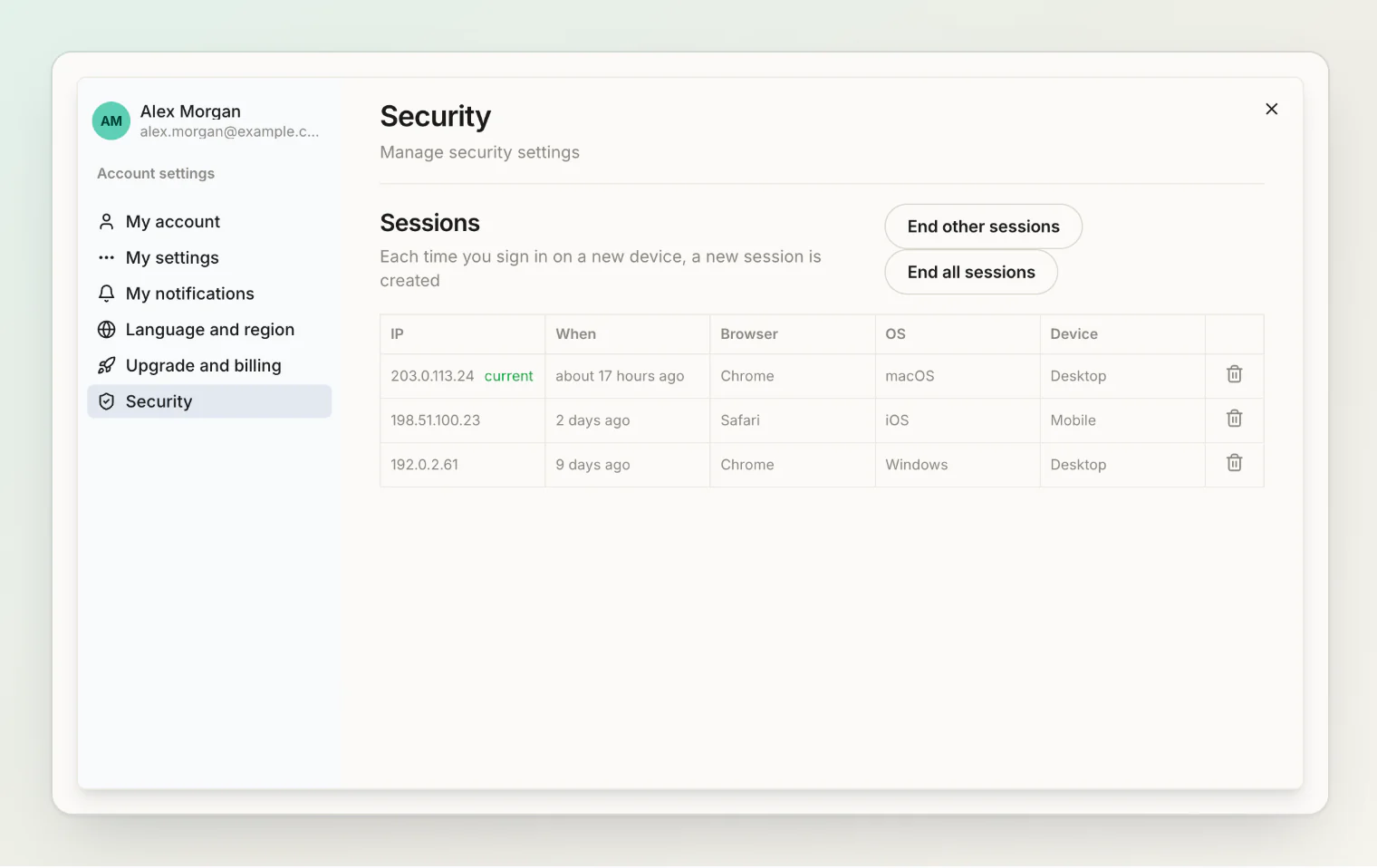 Security settings: active sessions, with End other sessions and End all sessions