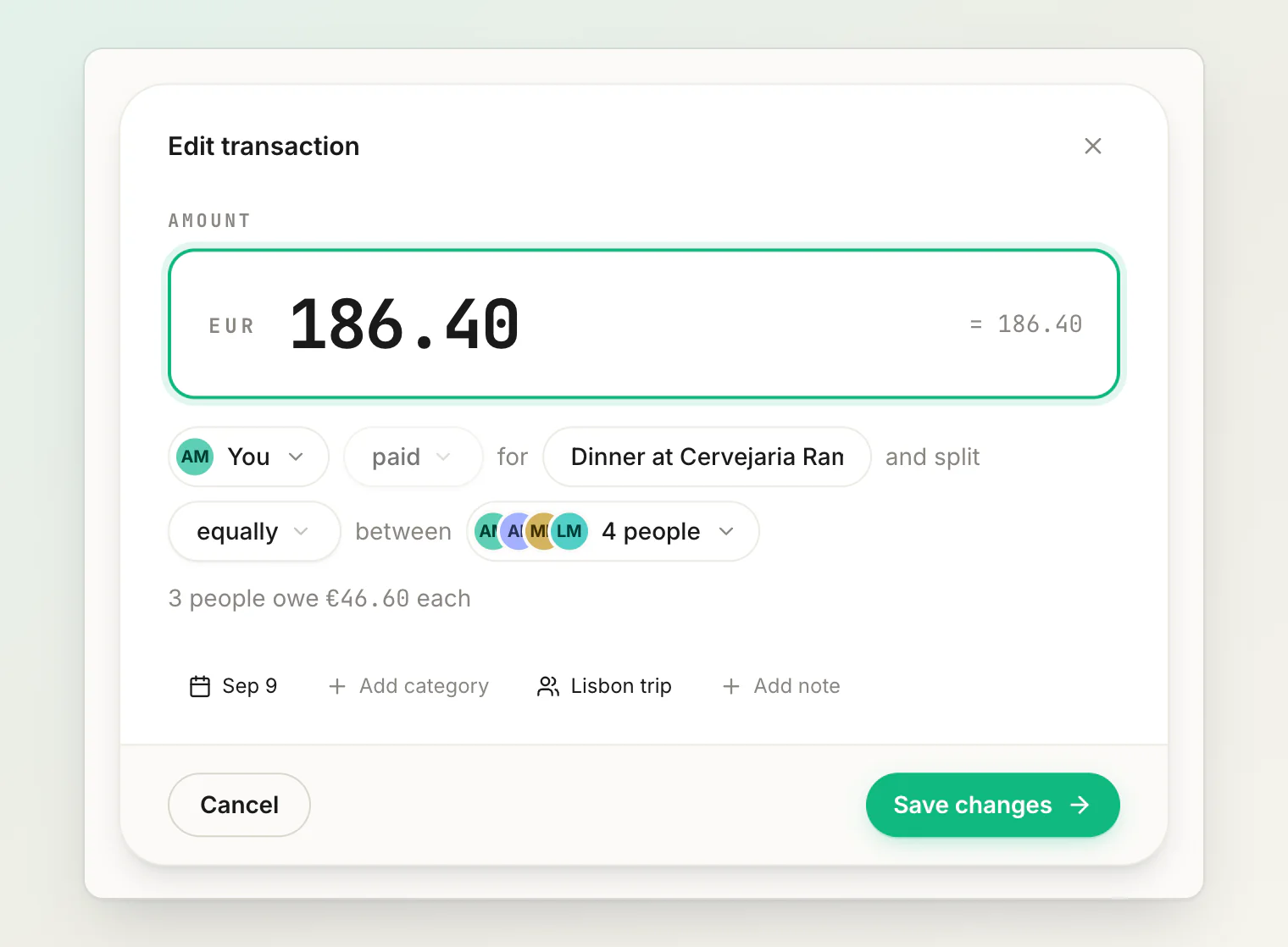 The Edit transaction form: amount, who paid, what for, how it splits, date, category and group