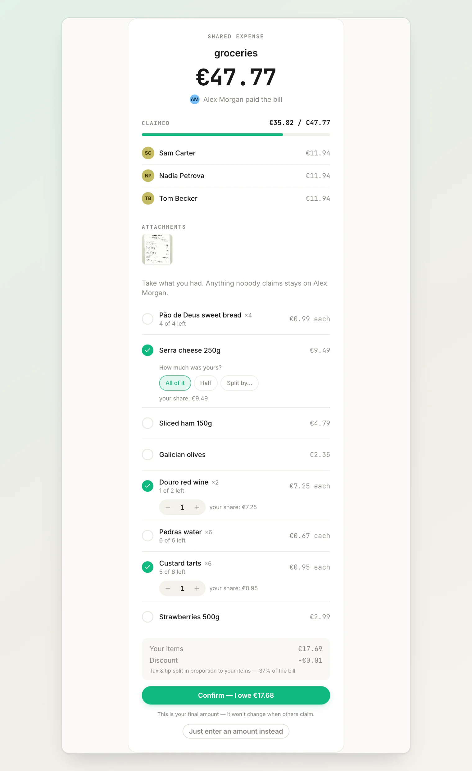 A bill shared by link, as the person claiming it sees it: who paid, what has been claimed so far, and the items to pick before confirming what you owe