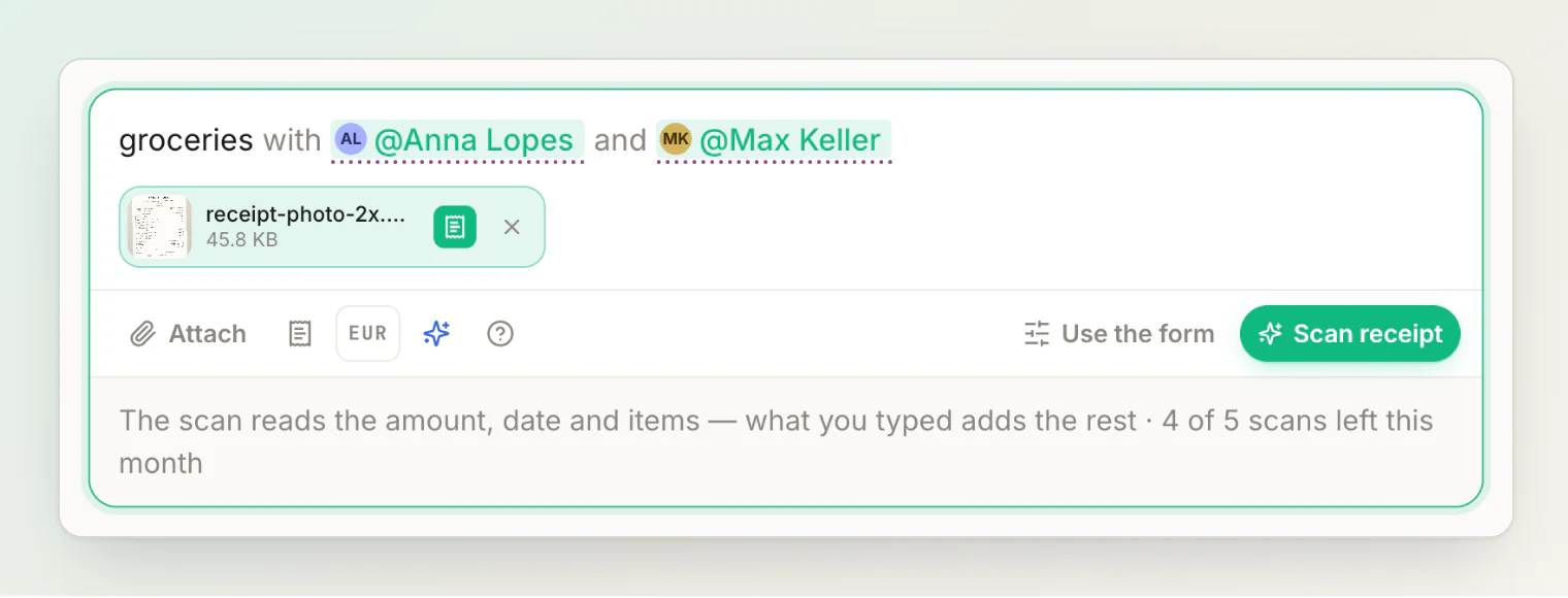 A receipt photo attached to "groceries with @Anna Lopes and @Max Keller": the button becomes "Scan receipt"