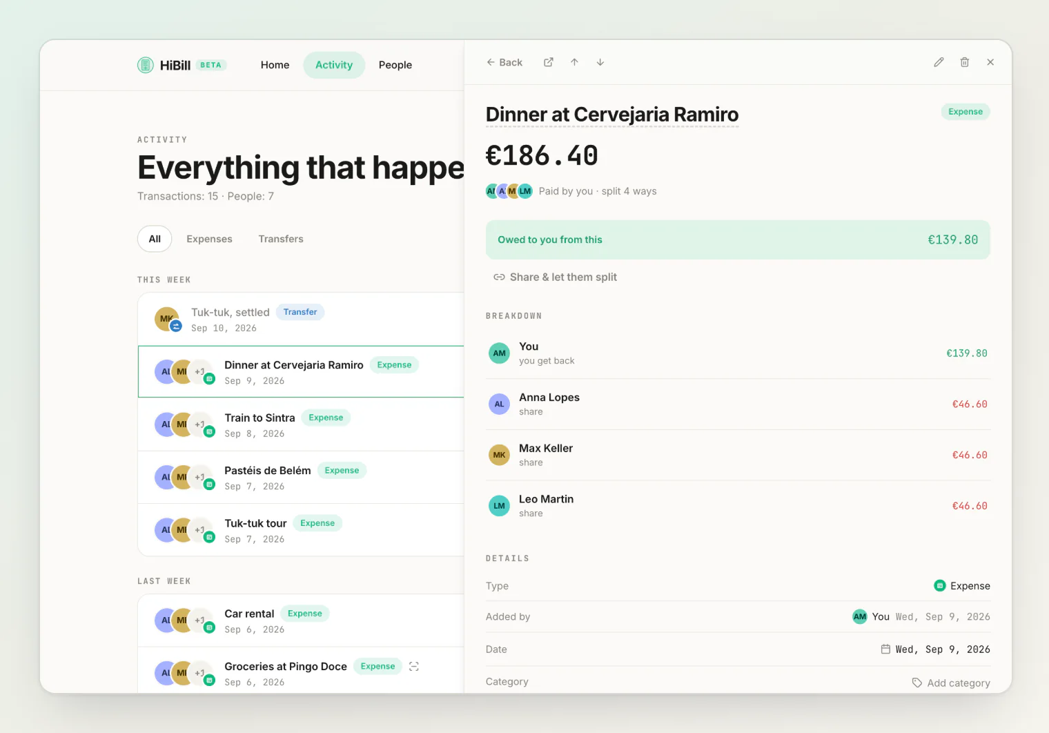 A transaction open in the side panel beside the Activity list