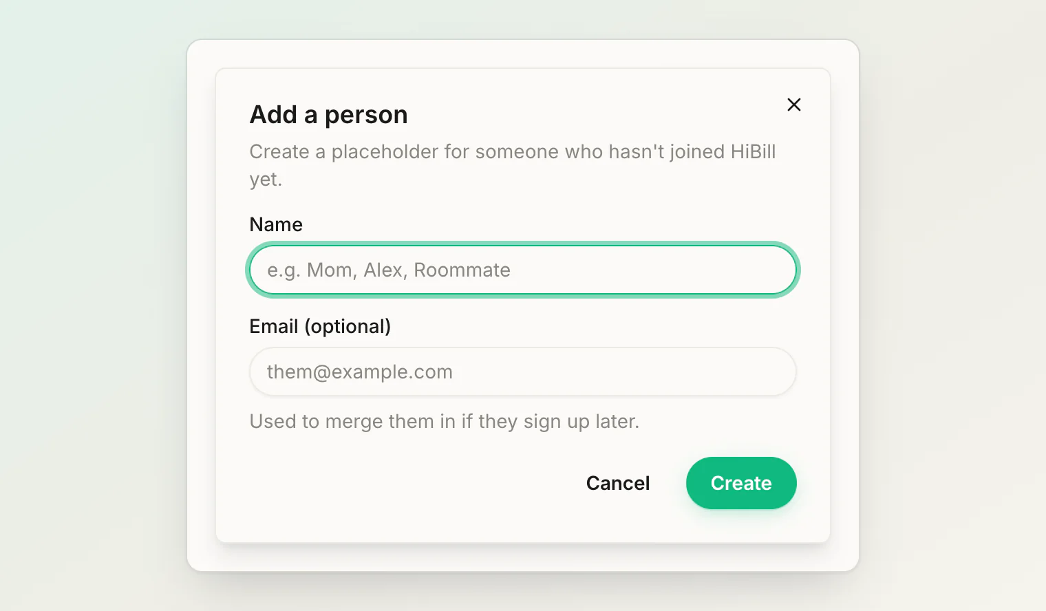 Add a person: a placeholder for someone who hasn't joined HiBill yet