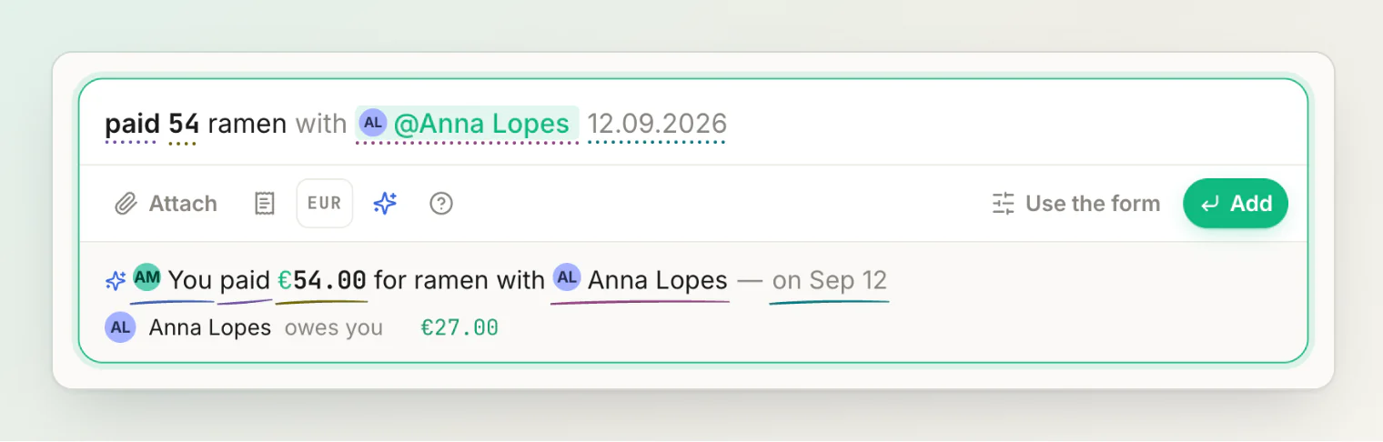 After Ask AI the sentence is rewritten: "You paid €54.00 for ramen with Anna Lopes — on Sep 12"