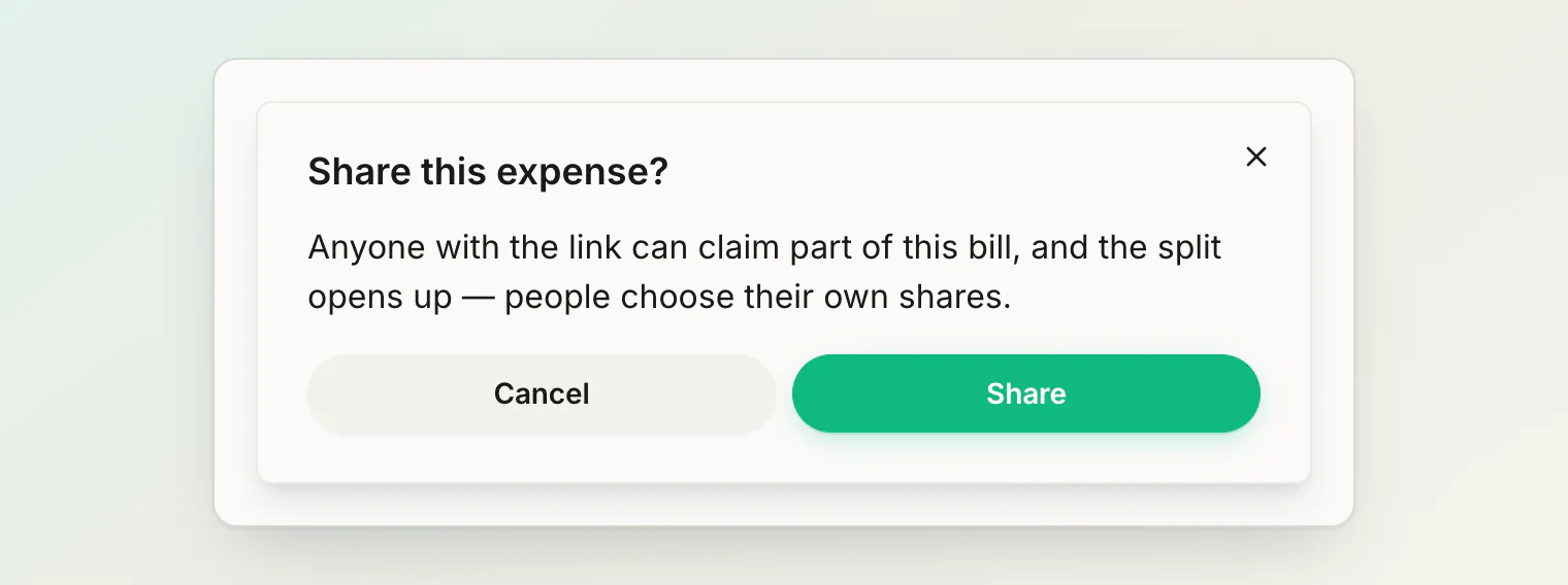 Share this expense? Anyone with the link can claim part of the bill