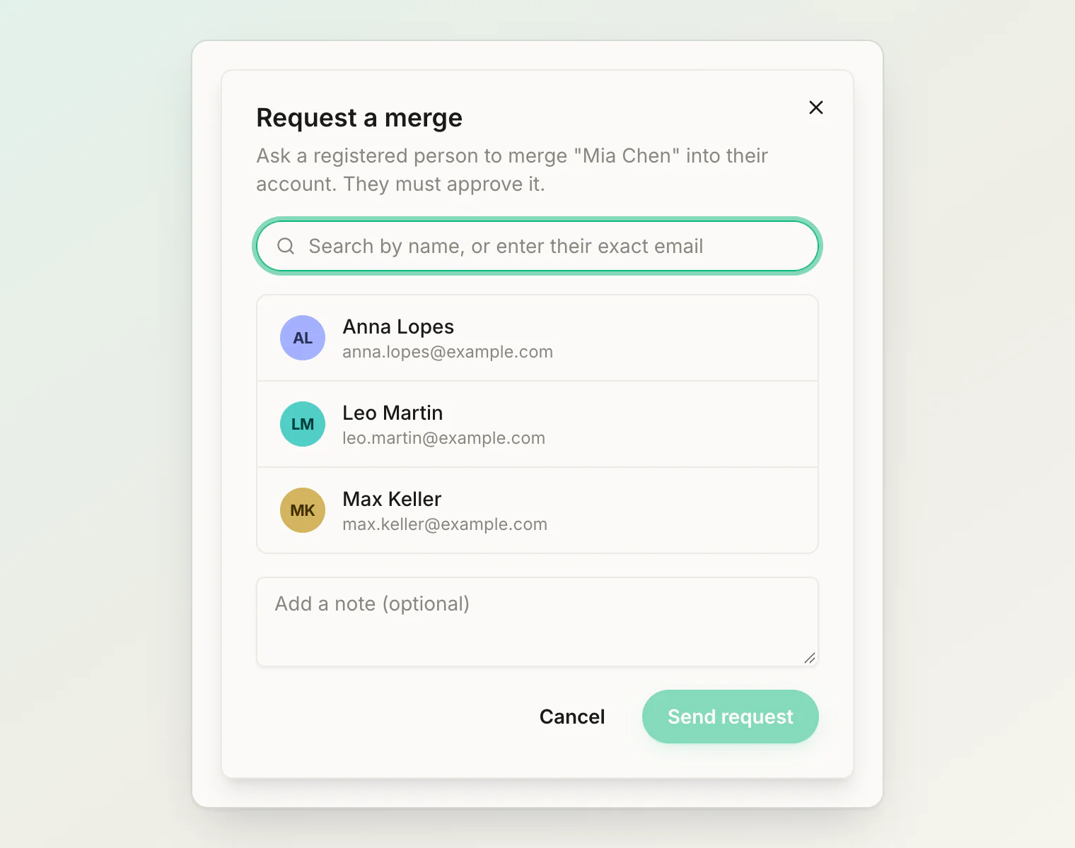 Request a merge: ask a registered person to merge a placeholder into their account