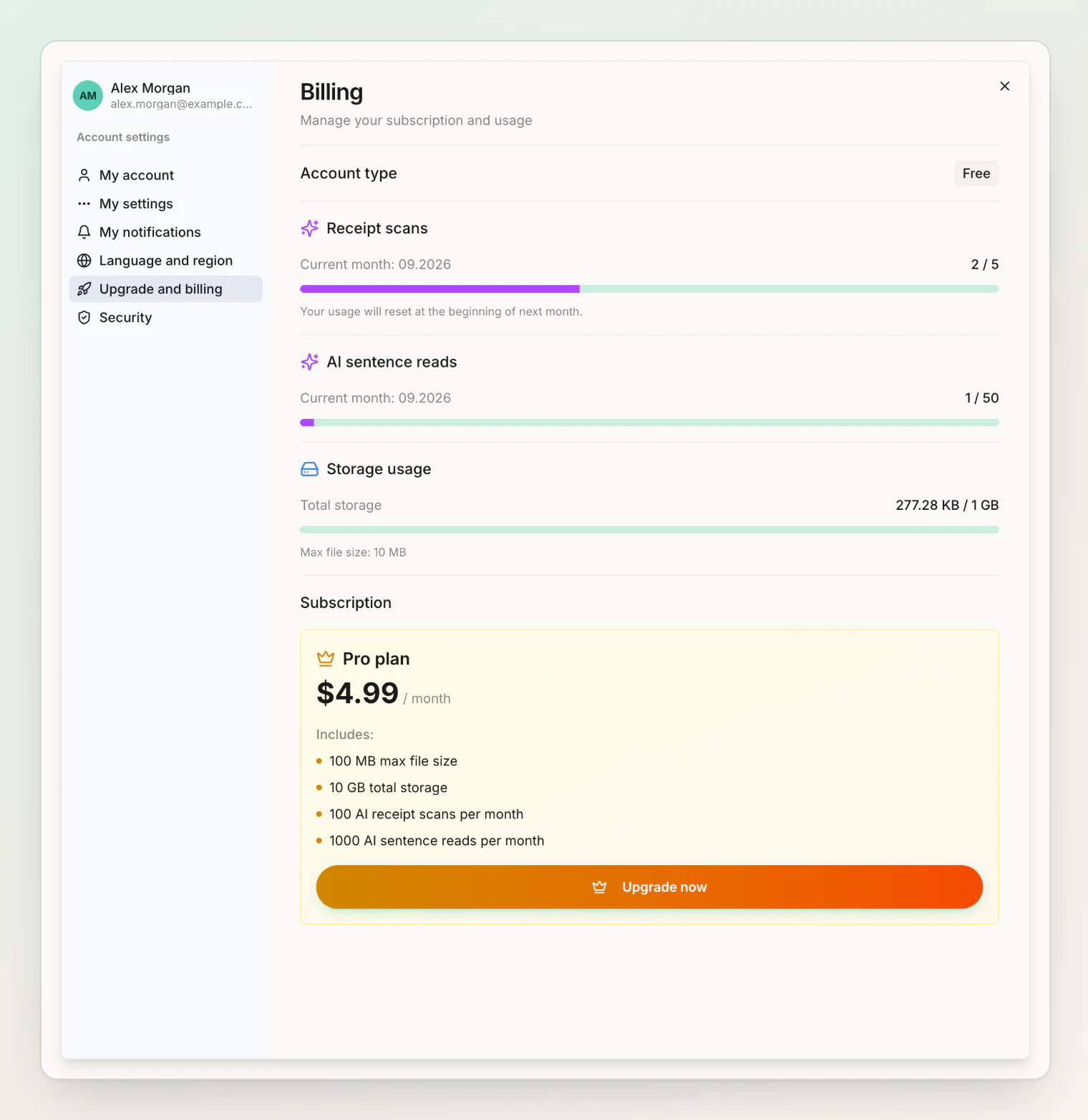 Billing on the Free plan: this month's receipt scans, AI sentence reads and storage, with the Pro plan below