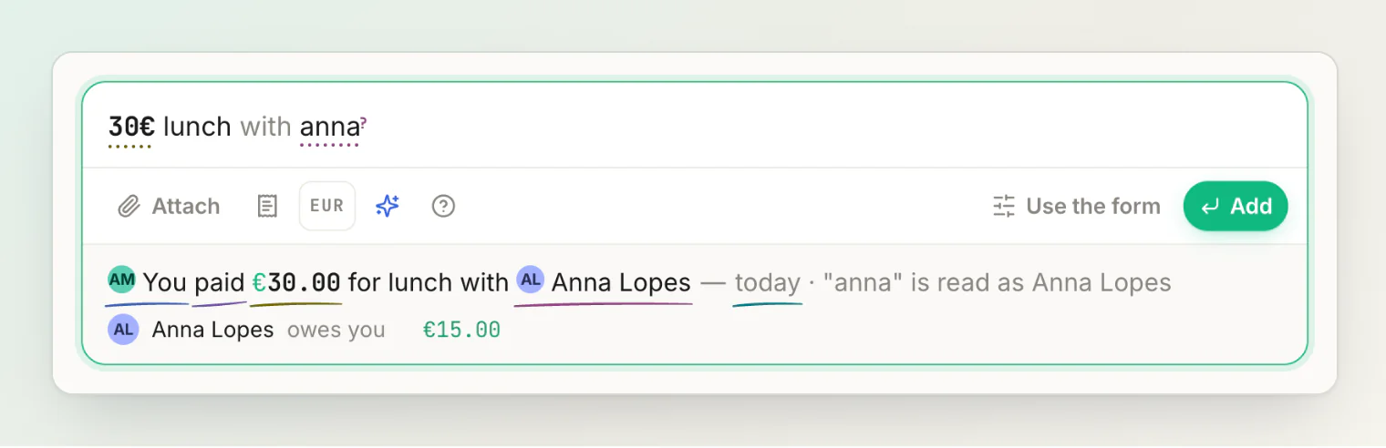 "30€ lunch with anna": a name typed without @ is read as Anna Lopes, and the line says so