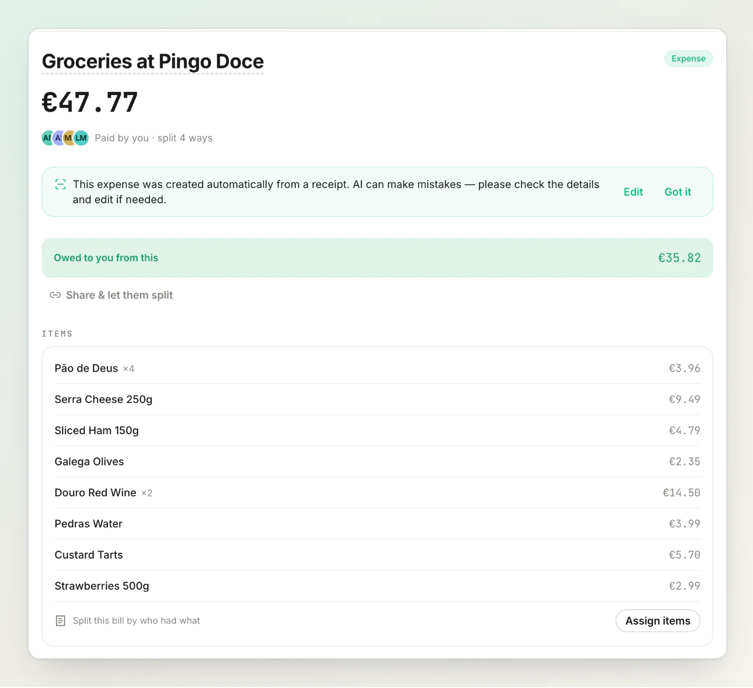 A scanned receipt: Groceries at Pingo Doce, €47.77, with the line items read off the paper