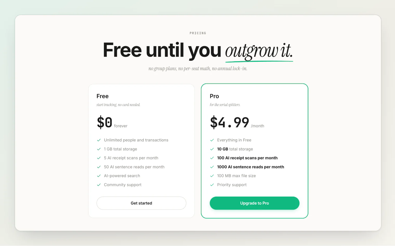 HiBill pricing: Free at $0 and Pro at $4.99 a month