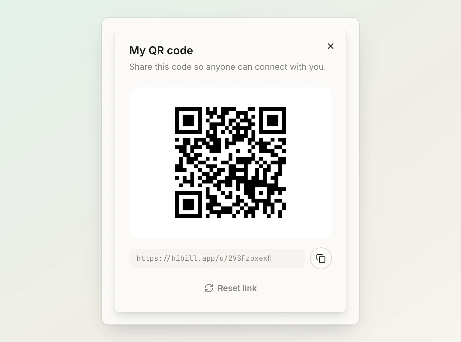 My QR code: a personal link anyone can scan to connect with you, with Reset link