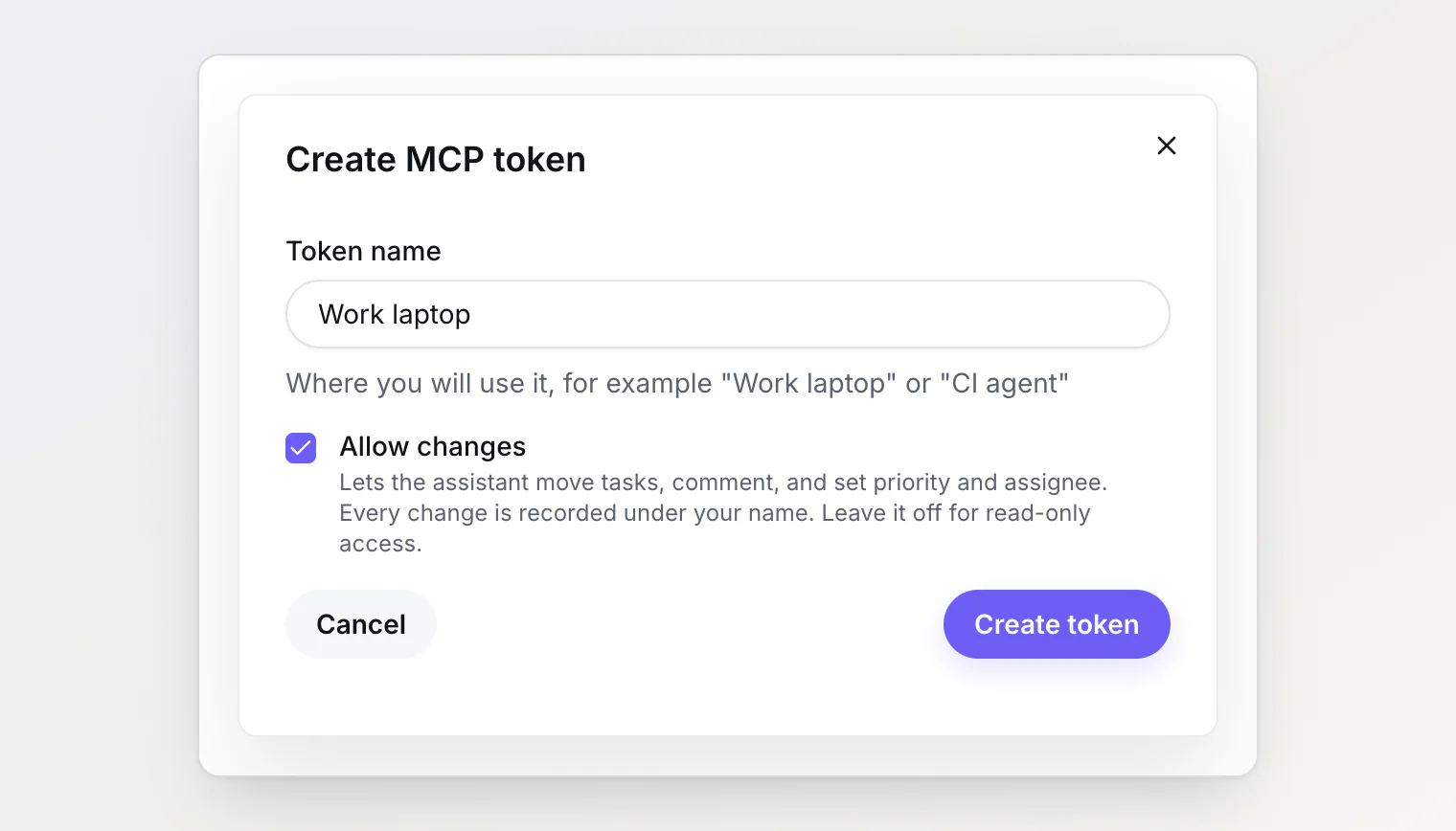 Create MCP token dialog with the token name Work laptop and the Allow changes checkbox checked