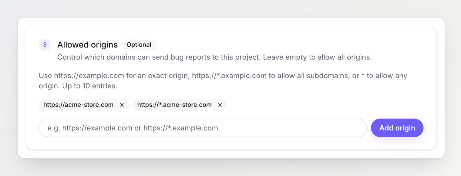 Widget page, step 3: allowed origins limiting widget reports to acme-store.com and its subdomains