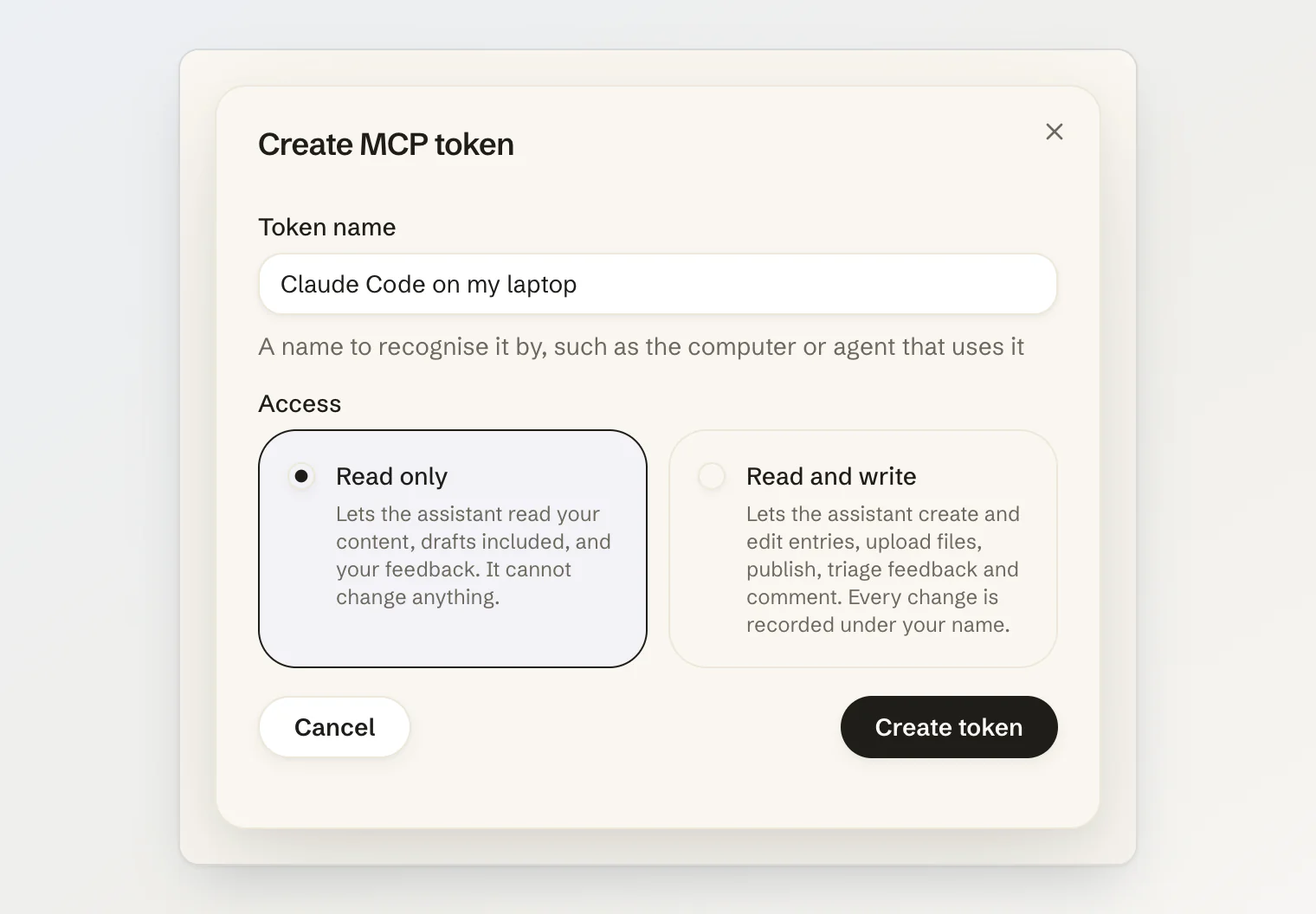 Diálogo para crear un token MCP: un nombre para el token y una elección entre Solo lectura, seleccionado por defecto, y Lectura y escritura