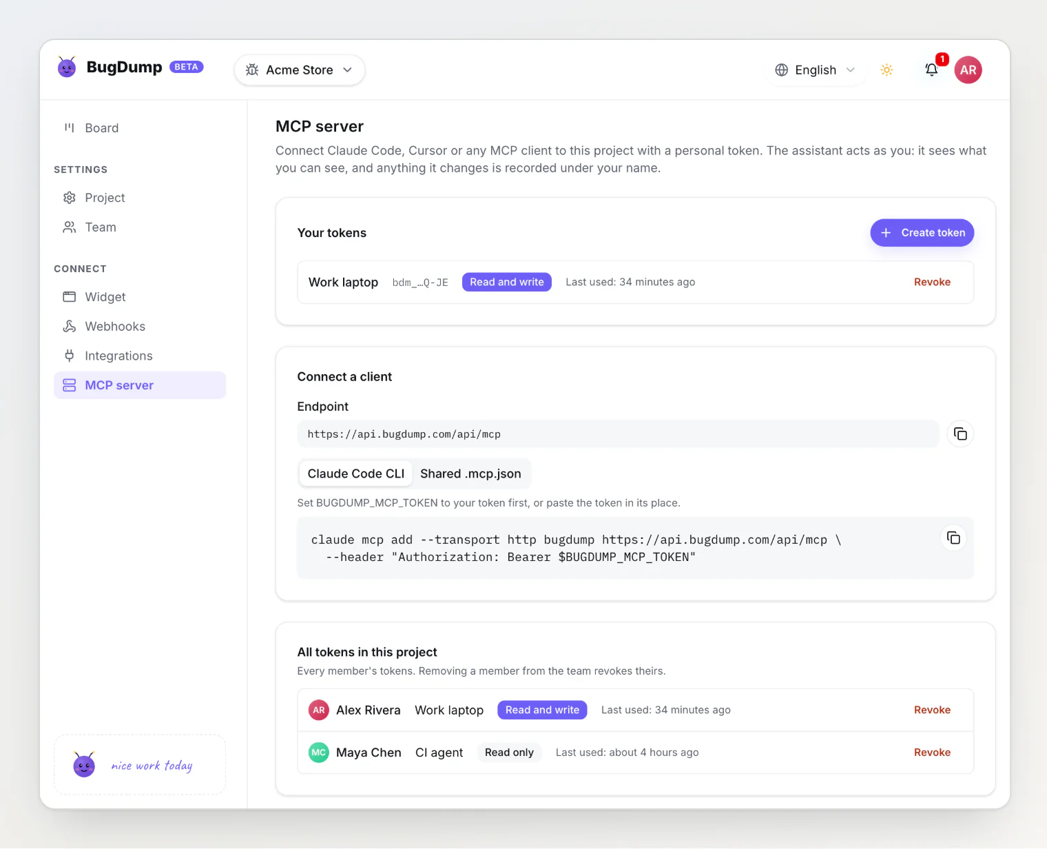 BugDump MCP server page: your personal tokens, the connection command, and every member's tokens with their access level