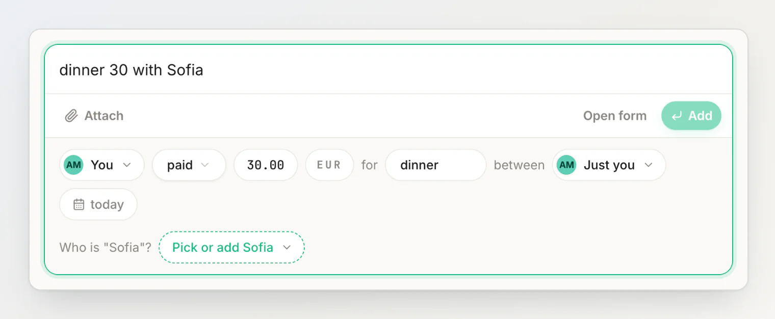 'dinner 30 with Sofia': Sofia isn't a contact yet, so the review asks Who is "Sofia"? and Add waits
