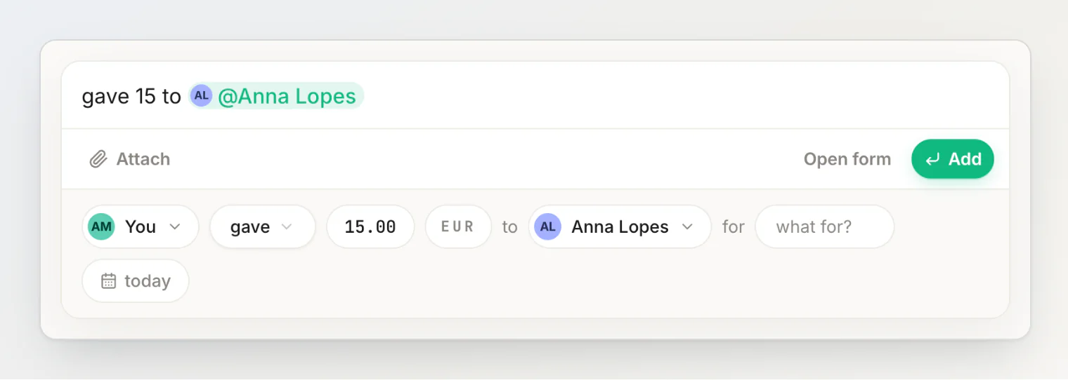 'gave 15 to Anna Lopes' read as you gave €15.00 to Anna Lopes