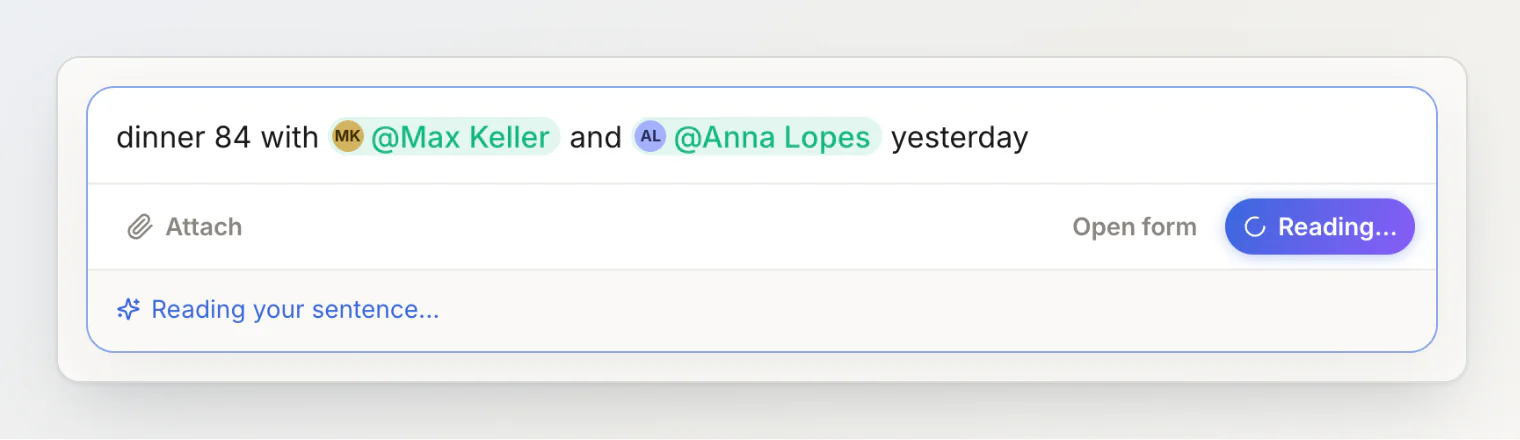 The sentence field while AI reads it: a blue border and 'Reading your sentence…'