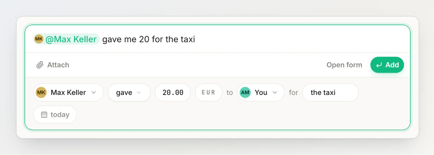 'Max Keller gave me 20 for the taxi' read as Max Keller gave €20.00 to you, for the taxi