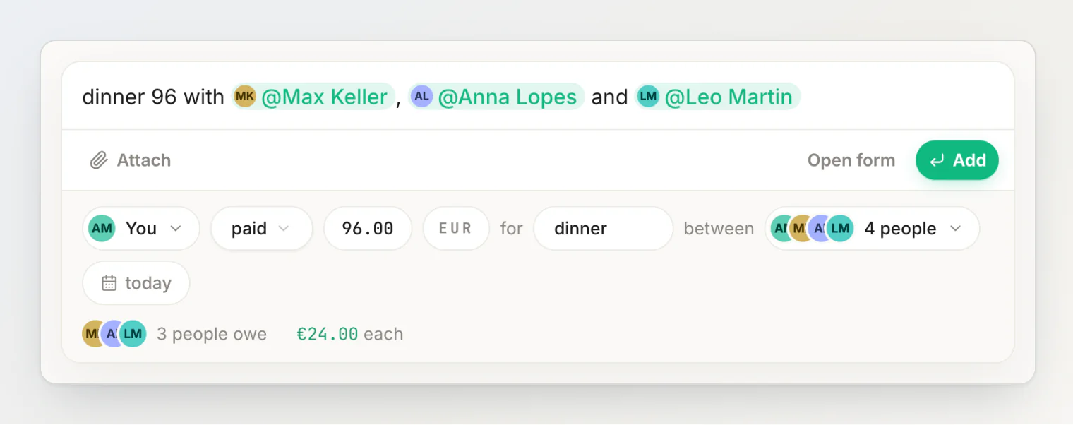 'dinner 96 with Max Keller, Anna Lopes and Leo Martin' split four ways: 3 people owe €24.00 each