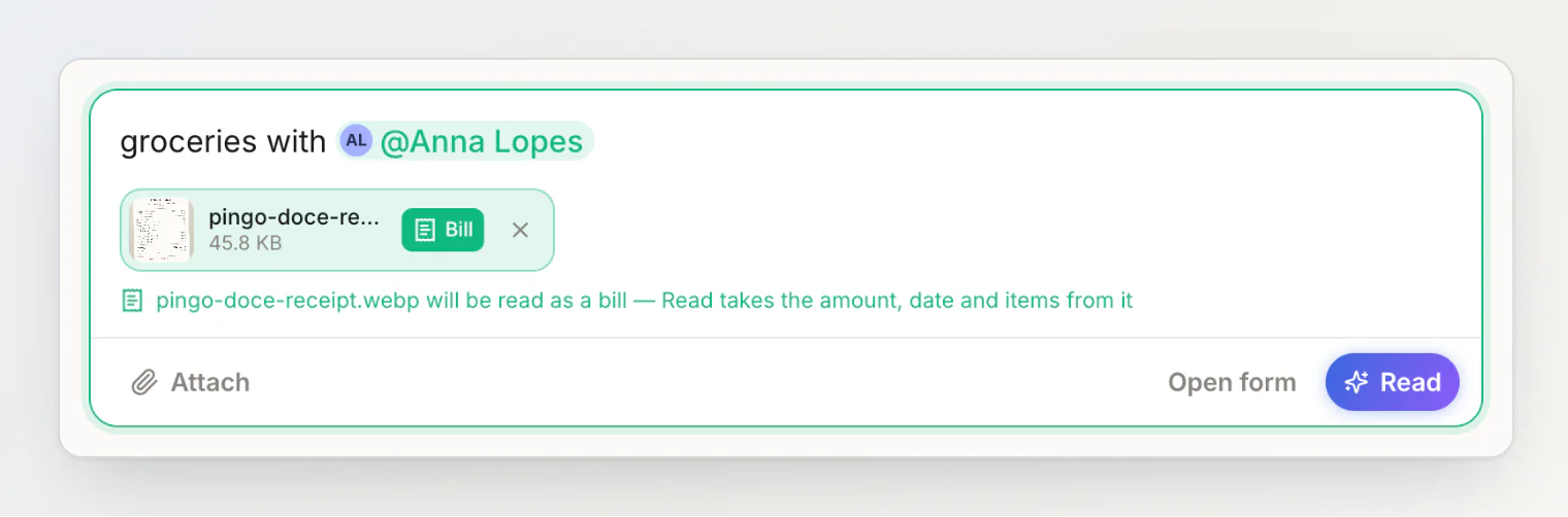 A receipt photo attached and marked as a bill: it will be read when you press Read