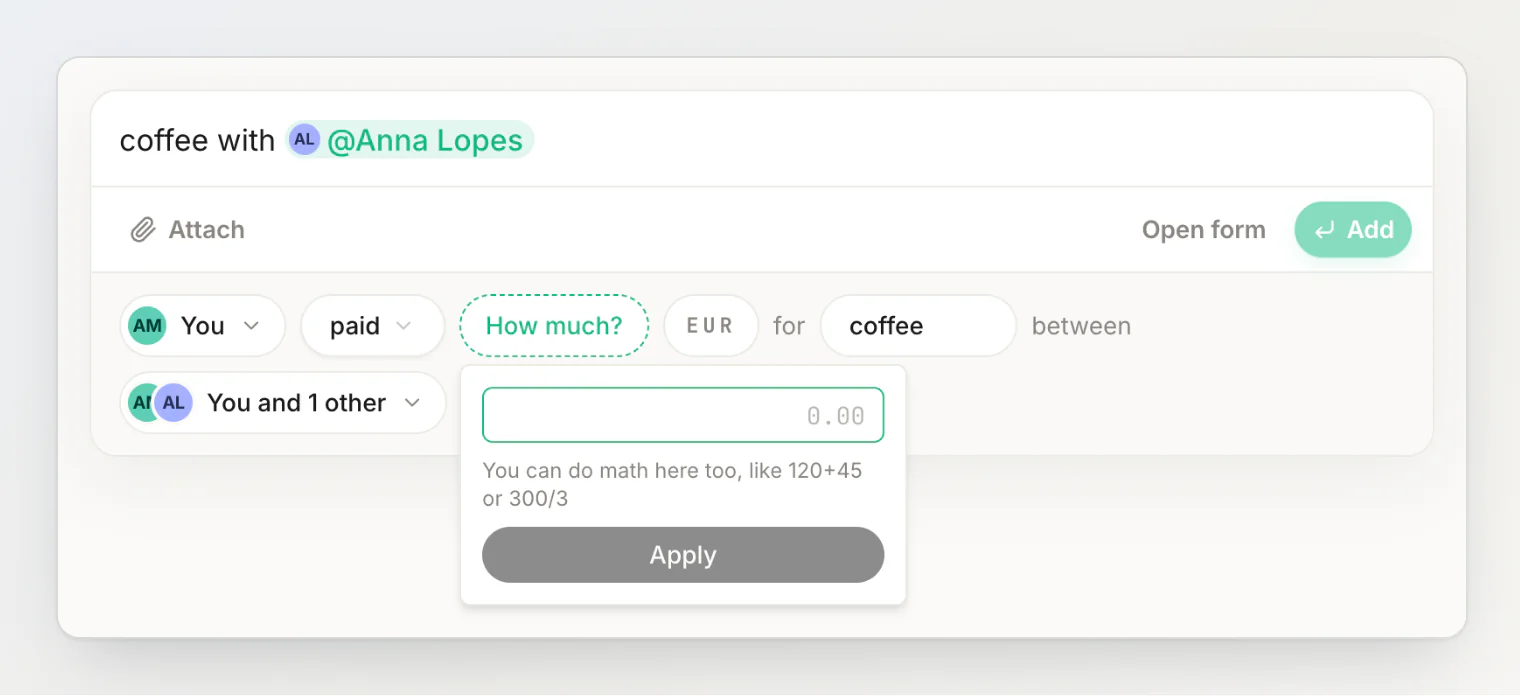'coffee with Anna Lopes' has no amount, so the review opens the How much? calculator
