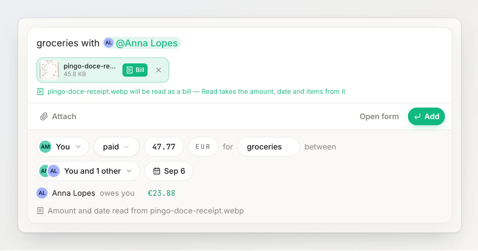 The sentence and the marked receipt read together: €47.77 on Sep 6 split with Anna Lopes, with the amount and date read from the photo