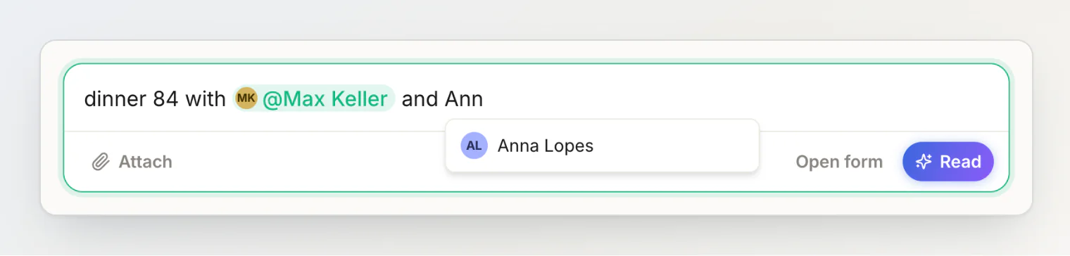 Typing a name in the sentence field: 'Ann' offers Anna Lopes from your contacts