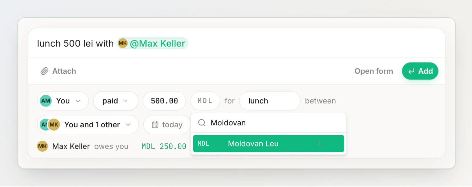 'lunch 500 lei with Max Keller' read in Moldovan lei, with the currency list open on the MDL chip