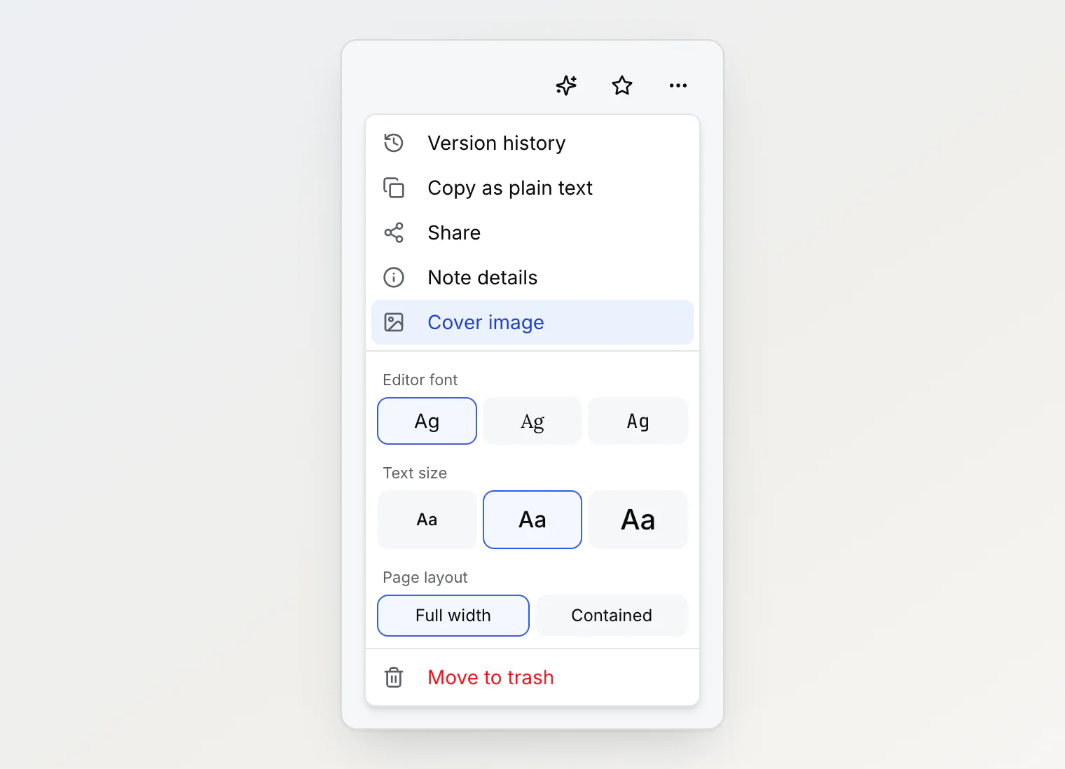 The note actions menu in Notez with Cover image highlighted