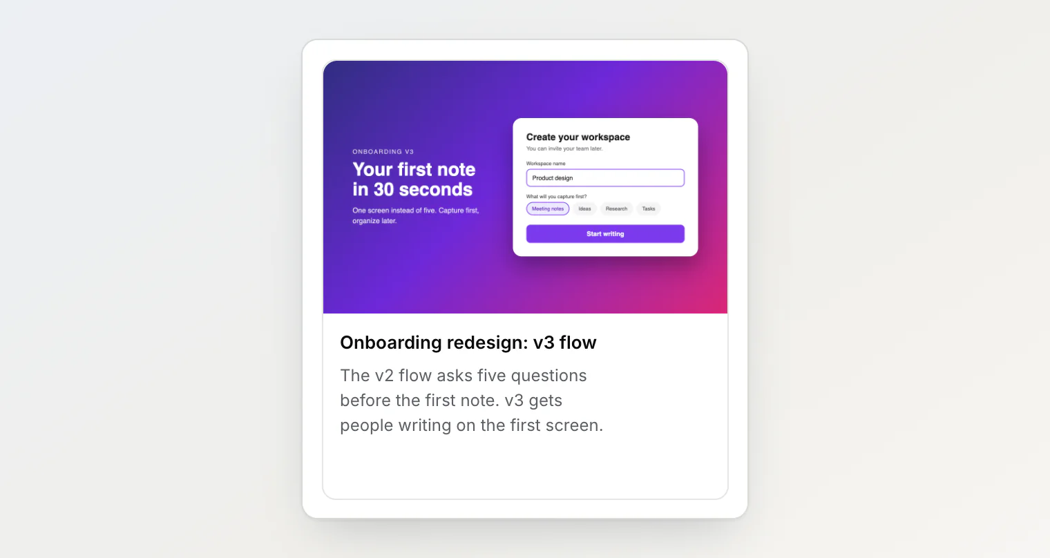 The same note card with the chosen cover image, a purple onboarding mockup