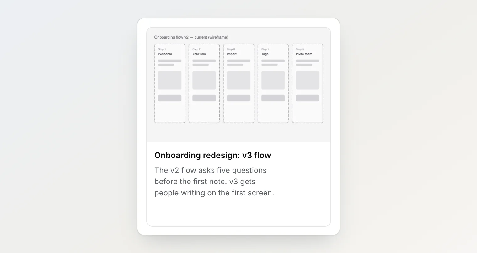 Note card in Notez showing the first image of the note, a grey wireframe, as its cover