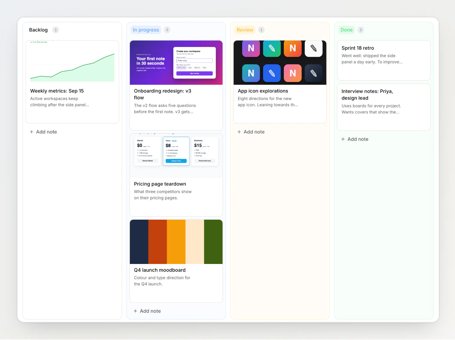 A Notez kanban board with Backlog, In progress, Review and Done columns and cover images on the cards