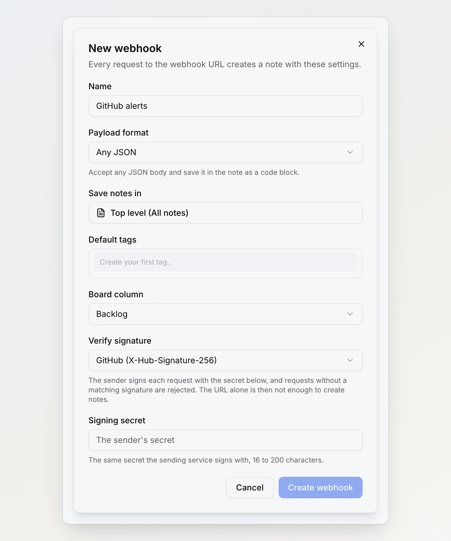 The New webhook dialog: name, payload format, destination note, default tags, board column, and signature verification