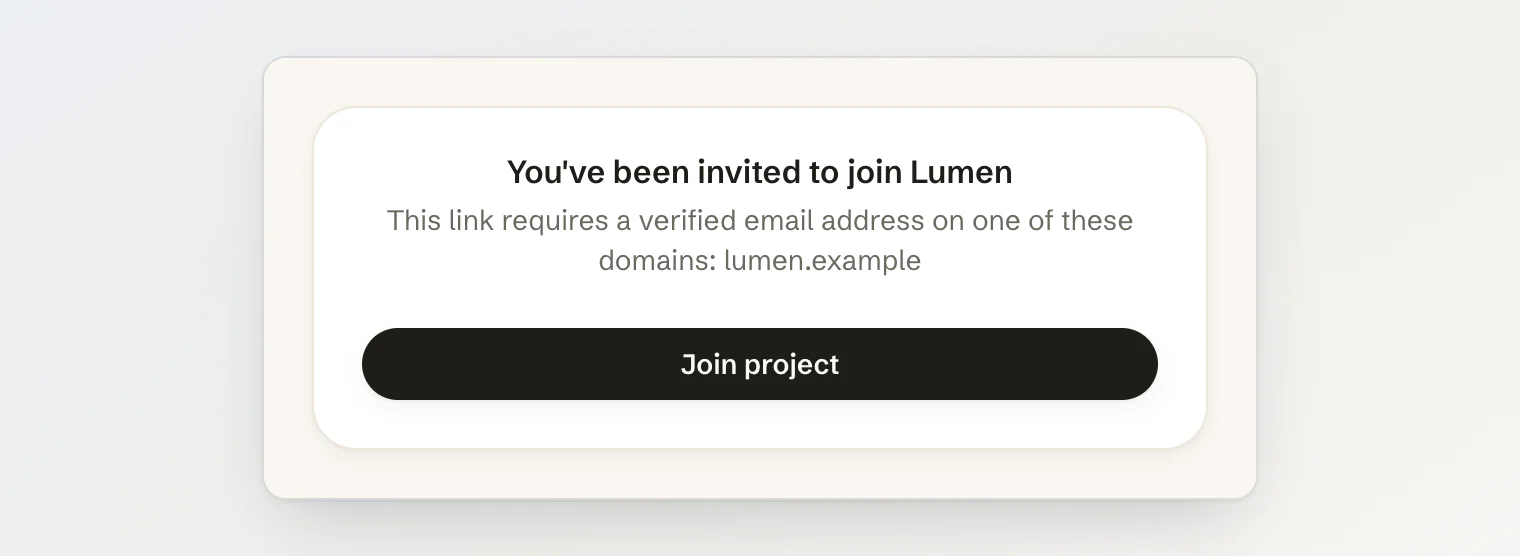 The join page for a domain-restricted link, telling the visitor the link requires a verified email address on lumen.example
