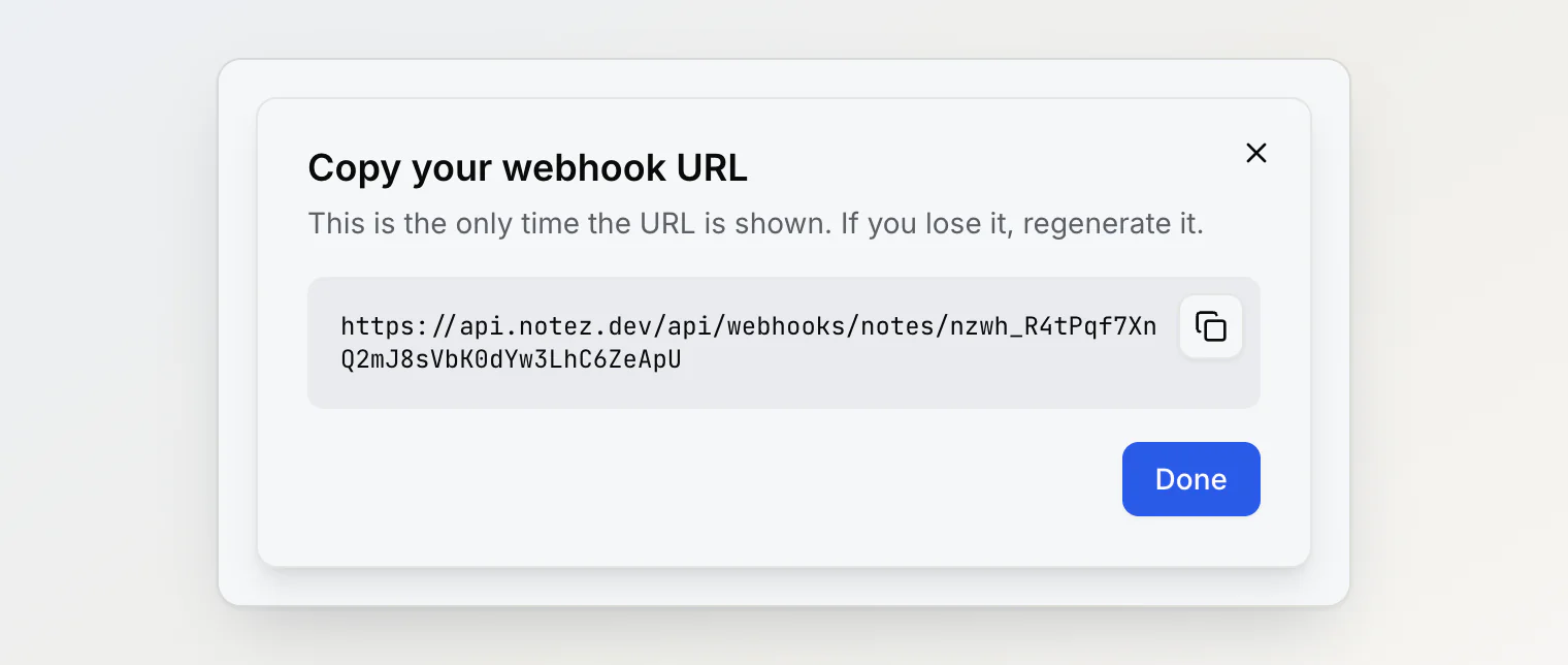 The webhook URL shown once after creation, with a copy button