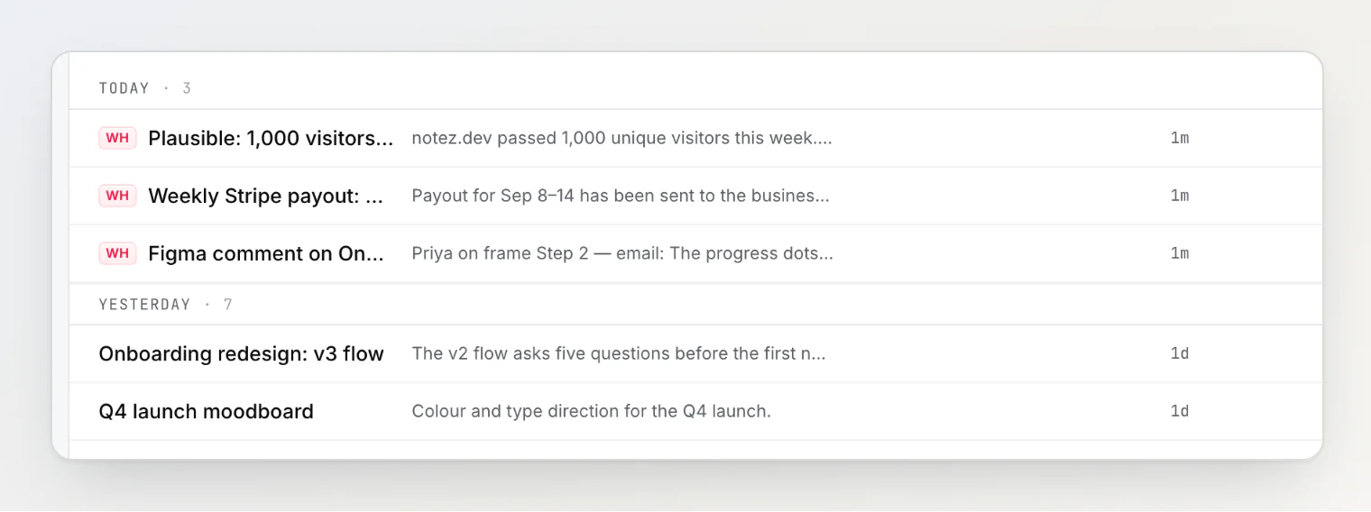 Notes created by a webhook in the Notez notes list, each marked with a WH source badge