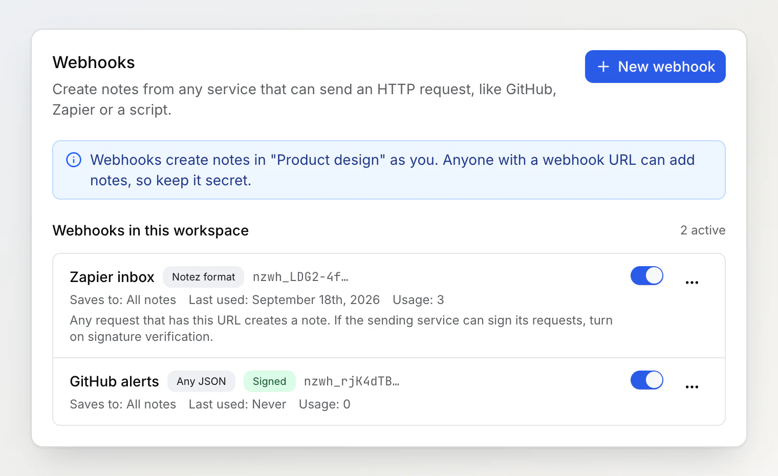 Two webhooks in a Notez workspace: an unsigned one with a warning hint, and a signed one with a Signed badge
