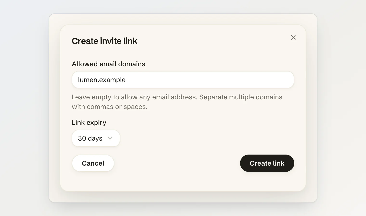 Create invite link dialog with an allowed email domains field set to lumen.example and a link expiry select set to 30 days