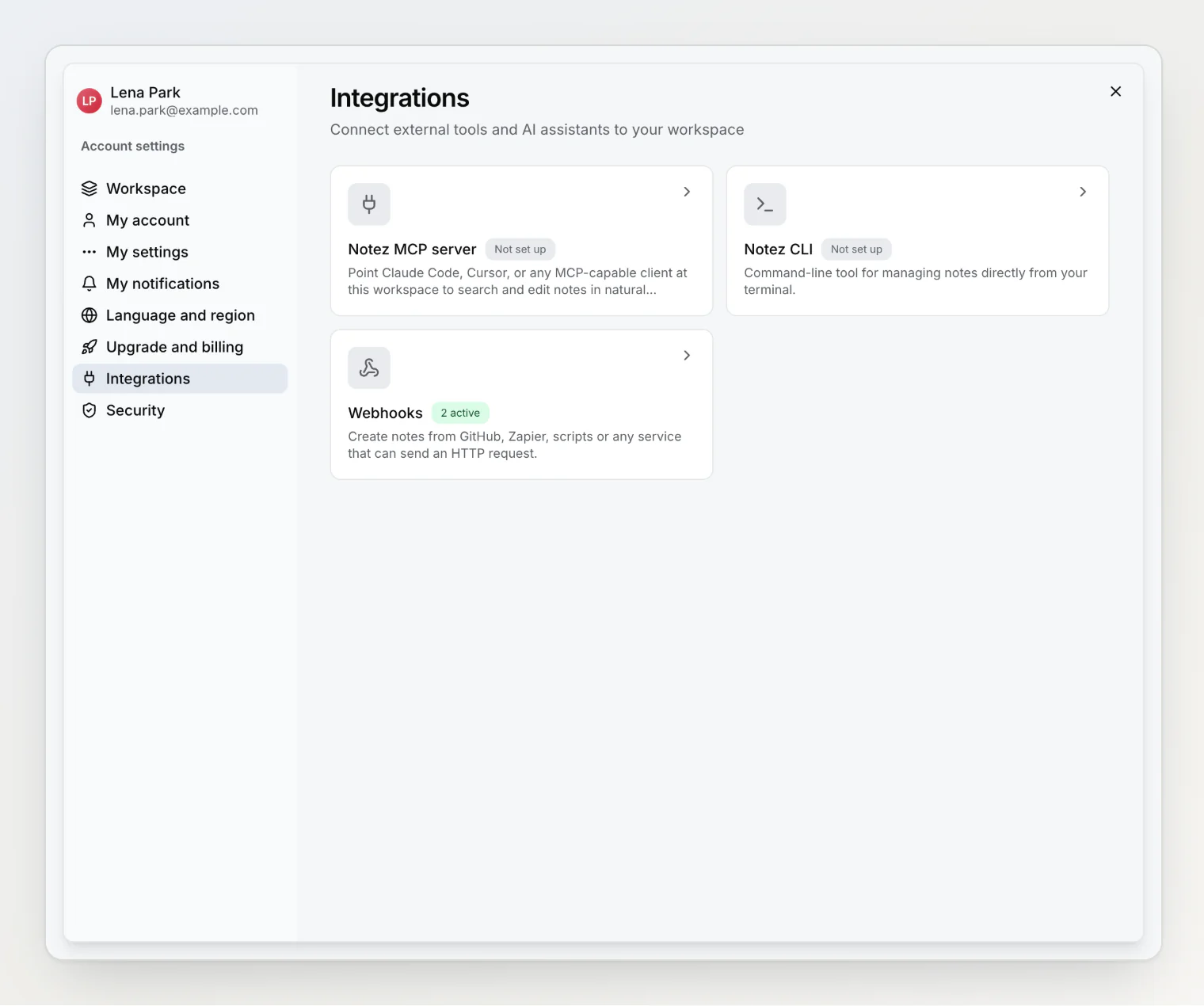 Settings → Integrations in Notez, showing the MCP server, CLI, and Webhooks tiles