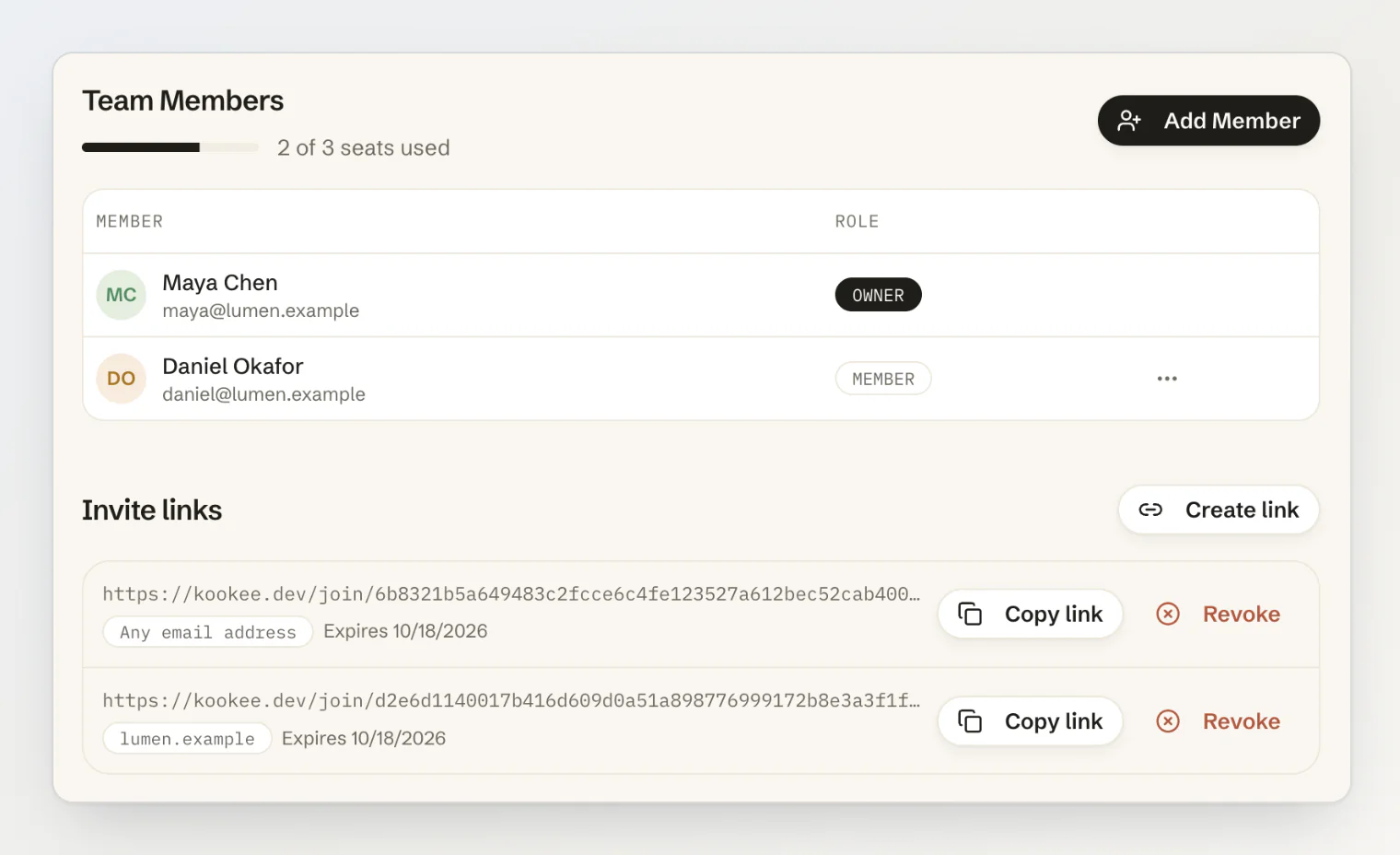 Team page showing a seat meter reading 2 of 3 seats used, the member list, and two invite links: one open to any email address, one restricted to lumen.example