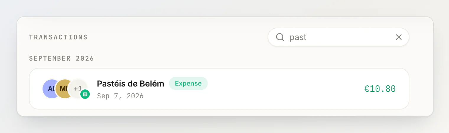 Searching a group's transactions: typing past leaves only Pastéis de Belém
