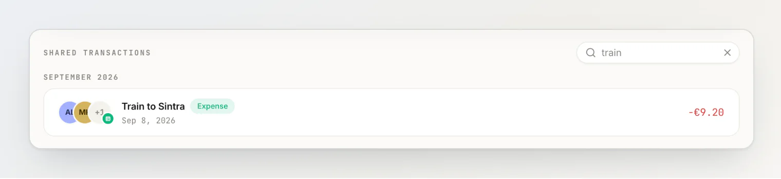 Searching the transactions shared with one person: typing train leaves only Train to Sintra