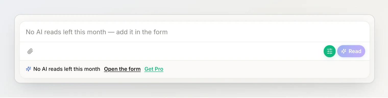 The sentence field with no AI reads left: the placeholder says to add it in the form, and the line underneath offers Open the form and Get Pro