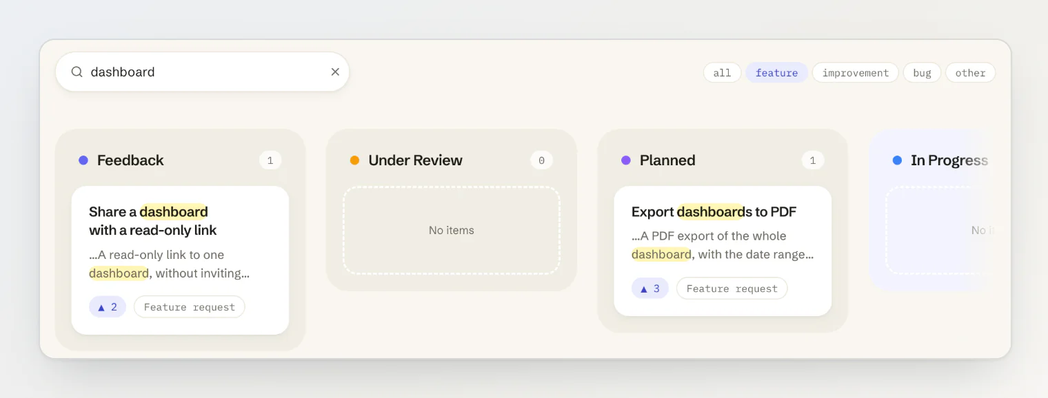 A roadmap filtered to the feature category and searched for dashboard: each card marks the matches, and its text starts a few words before the first one