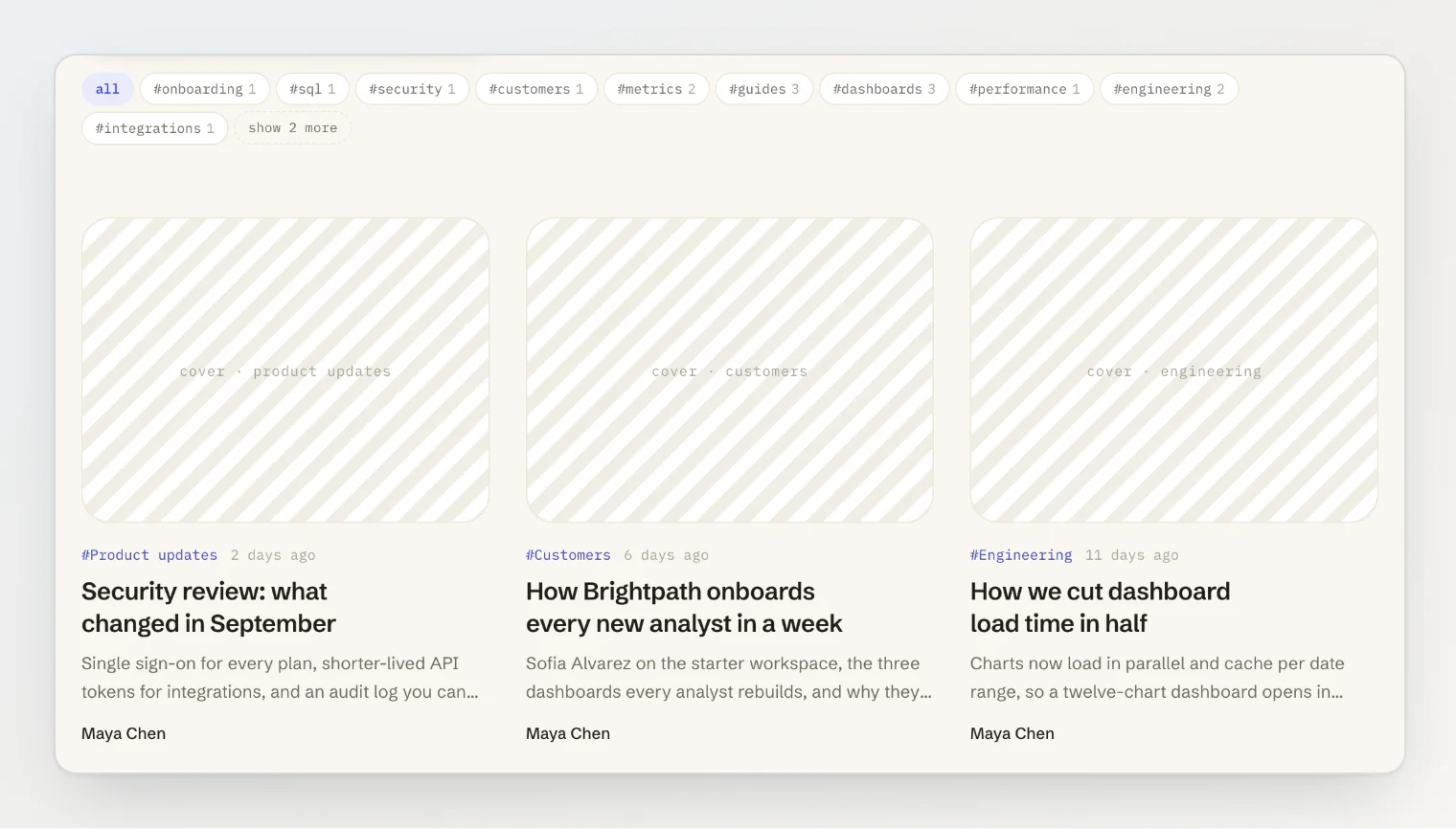 A blog list with its tag filter collapsed after ten tags behind a Show 2 more button, and posts without a cover keeping a striped cover placeholder