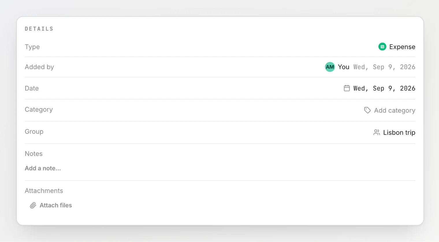 A transaction's Details rows: type, added by, date, category, group, notes and attachments