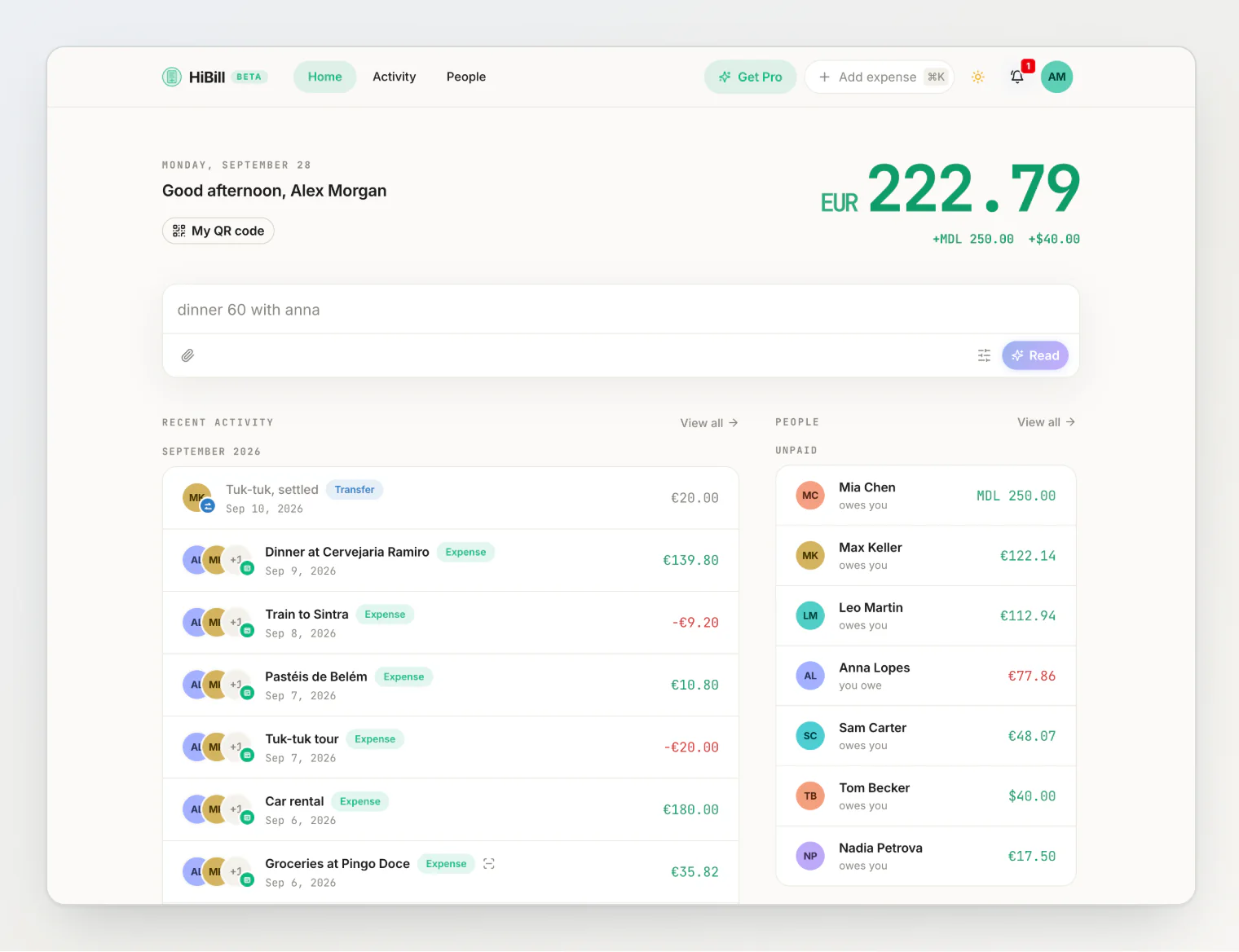 The HiBill dashboard: your net balance, the sentence field, recent activity and the people you split with